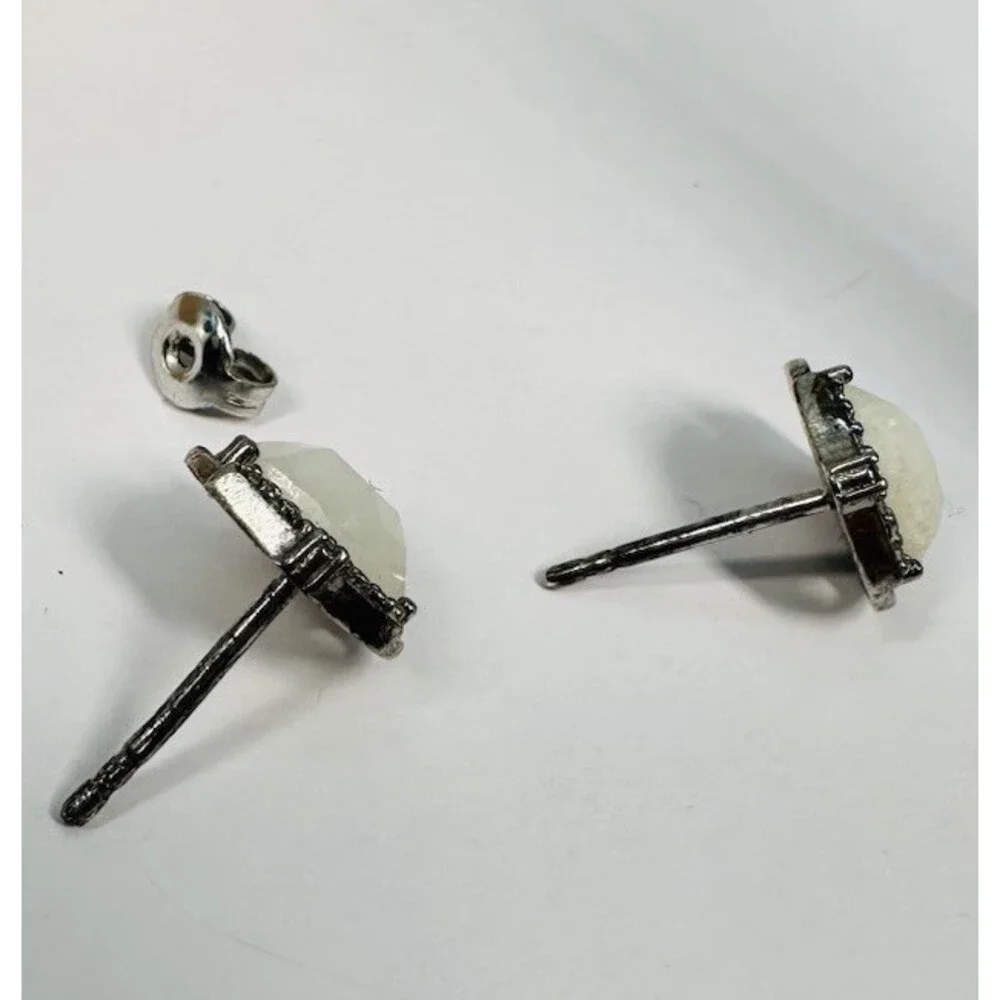 2 Pair White Stone Stud Earrings Silver Tone Rhinestone Geometric Oval Lot